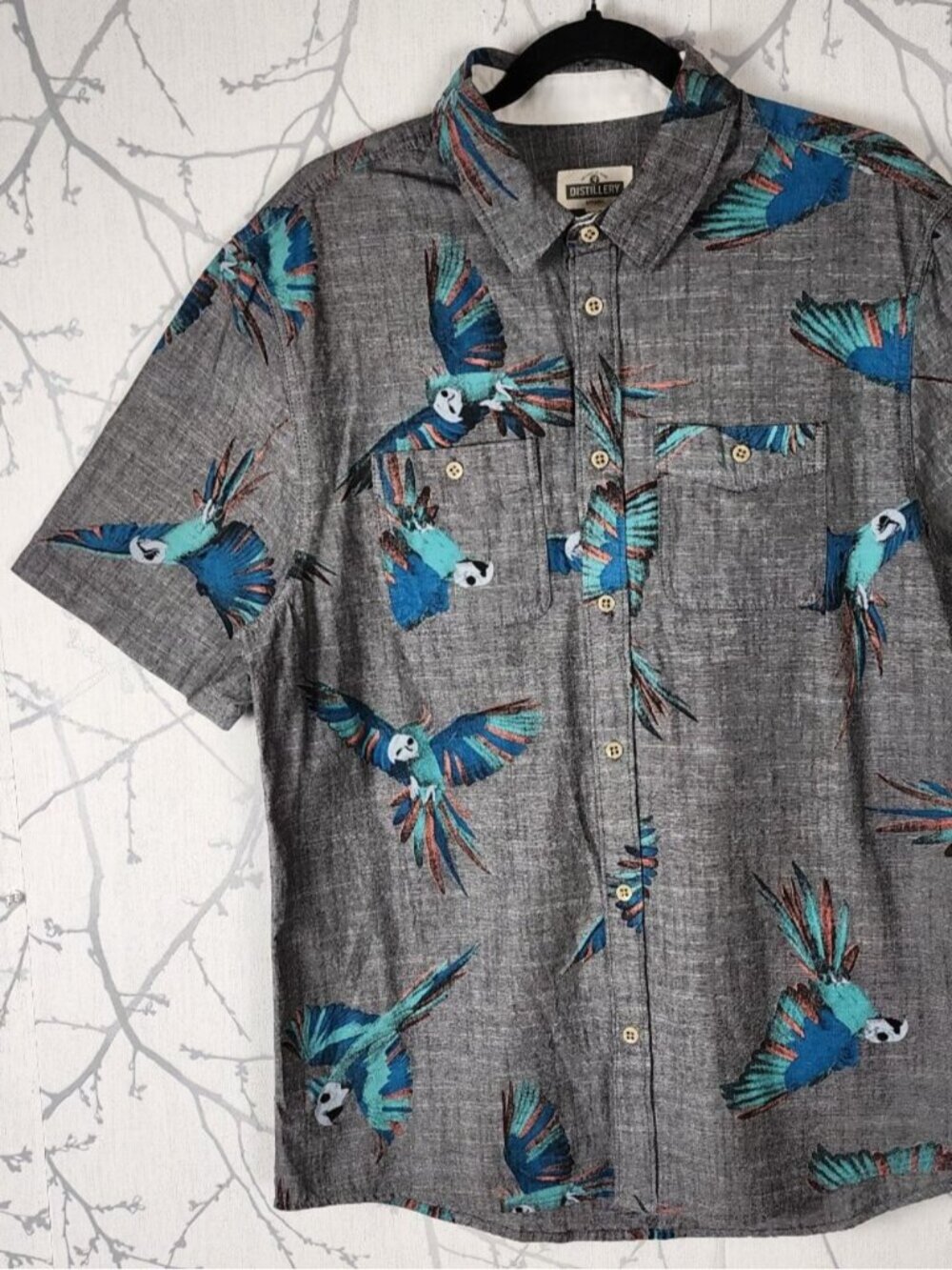 Distillery Colorful Tropical Bird Print Cotton Button Front Shirt